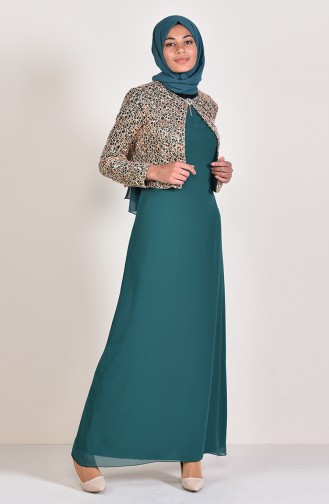 Robe de Soirée avec Veste a Paillettes 3707-04 Vert 3707-04