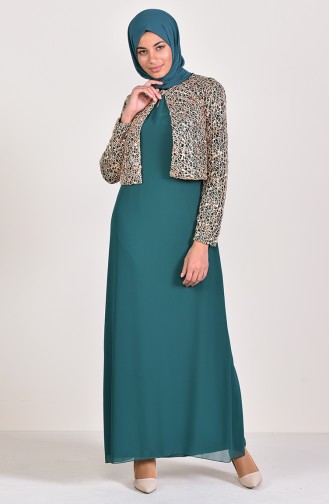 Robe de Soirée avec Veste a Paillettes 3707-04 Vert 3707-04