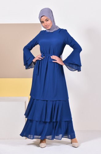 فستان شيفون بتصميم واسع 0142-02 لون نيلي 0142-02