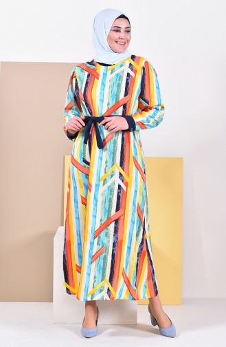 Large Size Patterned Viscose Dress 4477-01 Coral Blue 4477-01