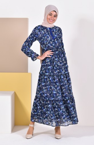 Flower Patterned Chiffon Dress 3014-04 Navy 3014-04