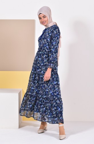 Flower Patterned Chiffon Dress 3014-04 Navy 3014-04