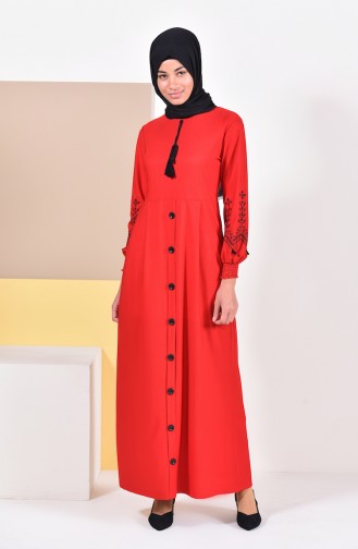 Düğme Detaylı Nakışlı Elbise 4094-01 Kırmızı 4094-01