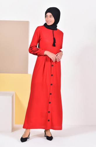 Düğme Detaylı Nakışlı Elbise 4094-01 Kırmızı