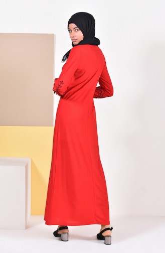 Düğme Detaylı Nakışlı Elbise 4094-01 Kırmızı