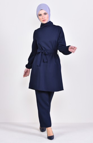 Belted Tunic Pants Binary Suit 3018-06 Navy Blue 3018-06