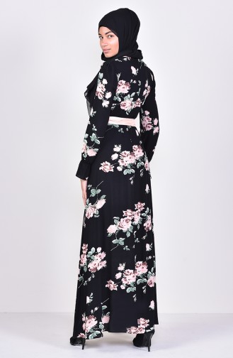 Desenli Bağcıklı Elbise 60014-01 Siyah