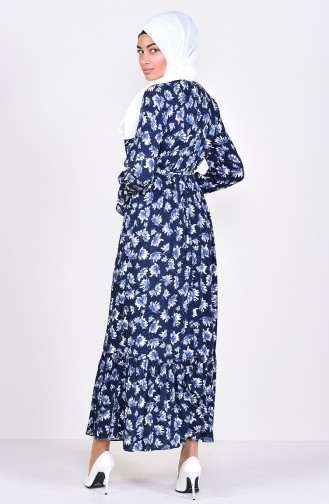 Desenli Bağcıklı Elbise 60015-01 Lacivert