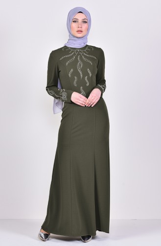 فستان سهرة بتصميم مُطبع باحجار لامعة 1096-04 لون اخضر كاكي 1096-04