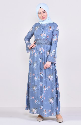 Desenli Şifon Elbise 6275-02 Mavi