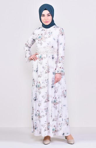 Desenli Şifon Elbise 6275-05 Bej Yeşil