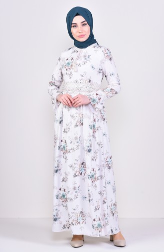 Desenli Şifon Elbise 6275-05 Bej Yeşil
