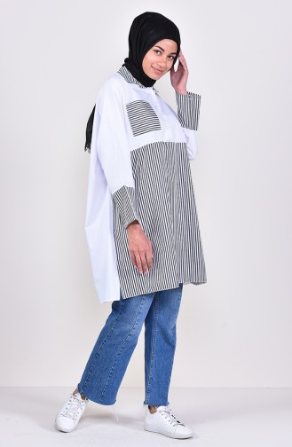 Raglan Sleeve Striped Pocketed Tunic 2478-03 Black White 2478-03