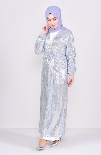 Payetli Abaya 7833-04 Gümüş