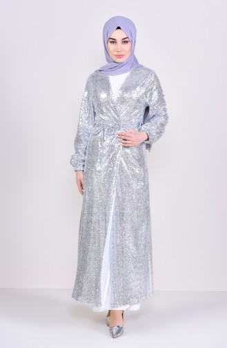 Payetli Abaya 7833-04 Gümüş