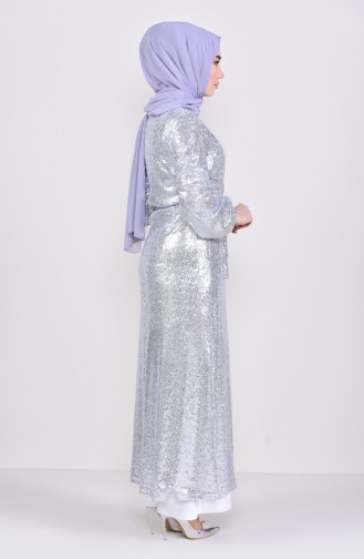 Payetli Abaya 7833-04 Gümüş