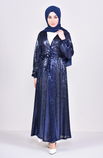 Abaya a Paillettes 7833-07 Bleu Marine 7833-07