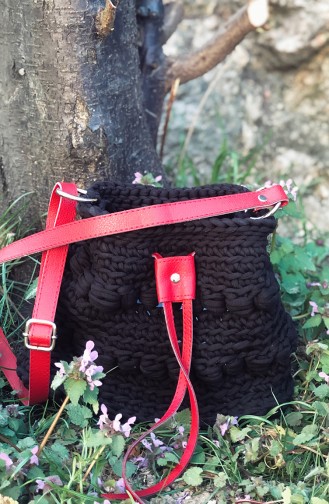 Cotton Knitted Handl & Shoulder Bag 2002-01 Red Black 2002-01