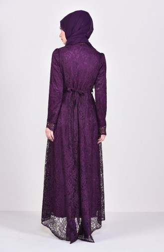 Flower Appliqued Lace Evening Dress 3194-03 Purple 3194-03