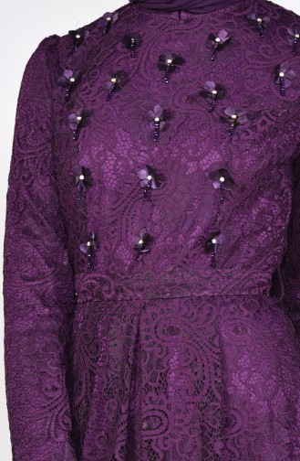 Flower Appliqued Lace Evening Dress 3194-03 Purple 3194-03