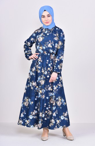 Desenli Yazlık Elbise 5116-02 Lacivert