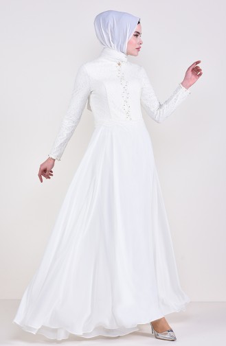 Cream Hijab Evening Dress 5078-02