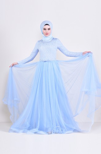 Robe de Soirée Détail Dentelle 5093-01 Bleu Bébé 5093-01