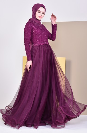 Lace Detailed Evening Dress 5093-04 Plum 5093-04