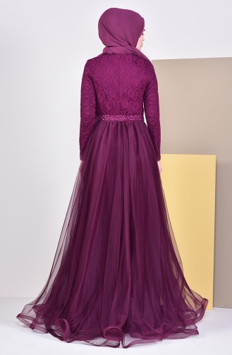 Lace Detailed Evening Dress 5093-04 Plum 5093-04