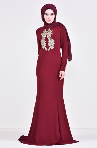 Robe de Soirée Perlée 6001-04 Bordeaux 6001-04