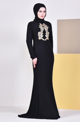 Robe de Soirée Perlée 6001-06 Noir 6001-06