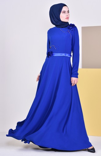 فستان سهرة بتفاصيل مزينة بالورد 6002-01 لون ازرق 6002-01