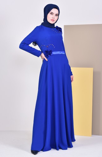 فستان سهرة بتفاصيل مزينة بالورد 6002-01 لون ازرق 6002-01
