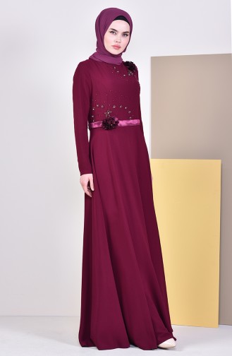 فستان سهرة بتفاصيل مزينة بالورد6002-02 لون ارجواني داكن 6002-02