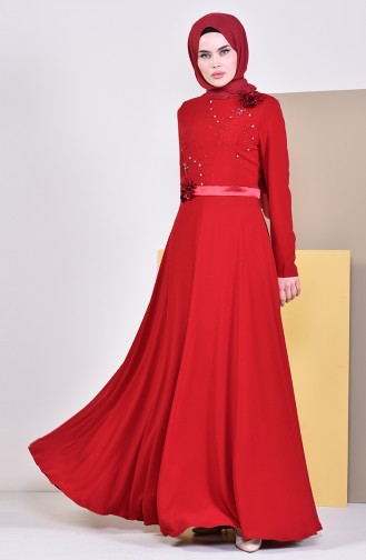 Flower Appliqued Evening Dress 6002-03 Red 6002-03