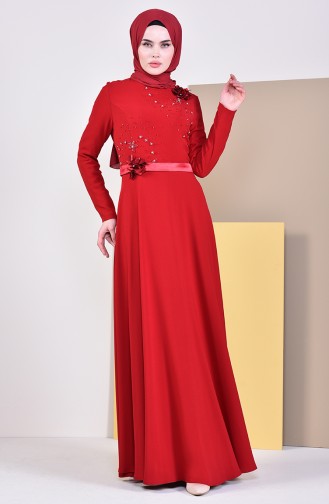 فستان سهرة بتفاصيل مزينة بالورد 6002-03 لون احمر 6002-03