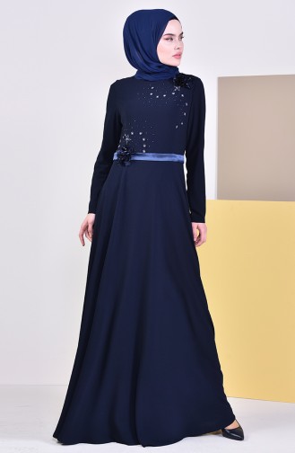 Flower Appliqued Evening Dress 6002-04 Navy 6002-04