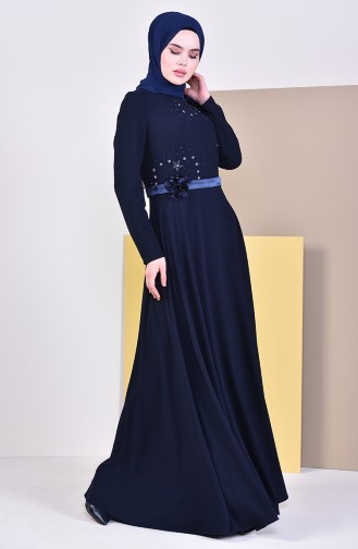 Flower Appliqued Evening Dress 6002-04 Navy 6002-04