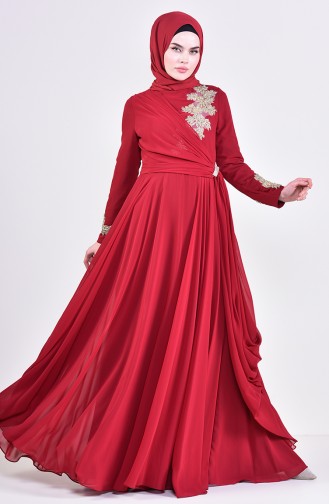 فستان سهرة مزين ببروش6005-04 لون خمري 6005-04