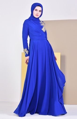 فستان سهرة مزين ببروش 6005-06 لون ازرق 6005-06
