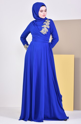 Robe de Soirée avec Broche 6005-06 Bleu Roi 6005-06