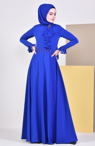 Robe de Soirée Perlée 6006-04 Bleu Roi 6006-04