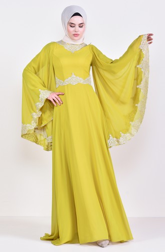 Robe de Soirée Détail Dentelle 8224-02 Vert Huile 8224-02