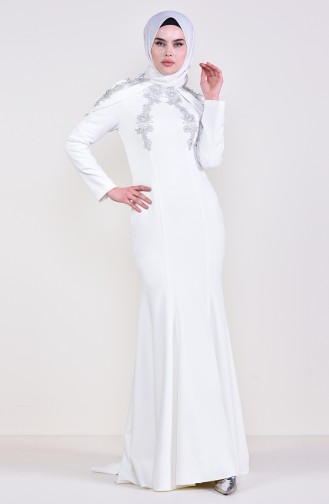 Taşlı Abiye Elbise 8625-02 Ekru