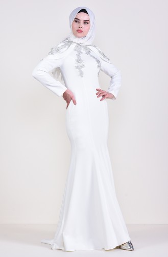 Taşlı Abiye Elbise 8625-02 Ekru