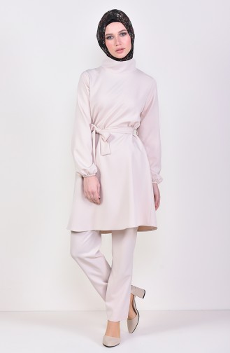 Belted Tunic Pants Binary Suit 3018-07 Beige 3018-07