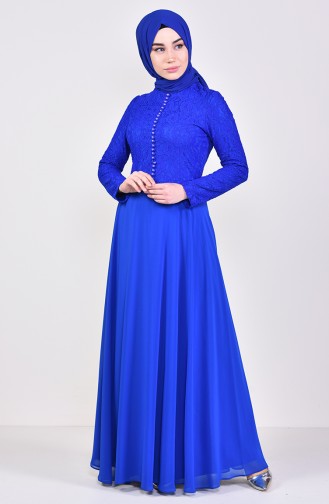 Robe de Soirée Détail Dentelle 5075-02 Bleu Roi 5075-02