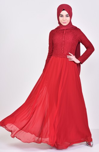 Lace Detailed Evening Dress 5075-04 Bordeaux 5075-04