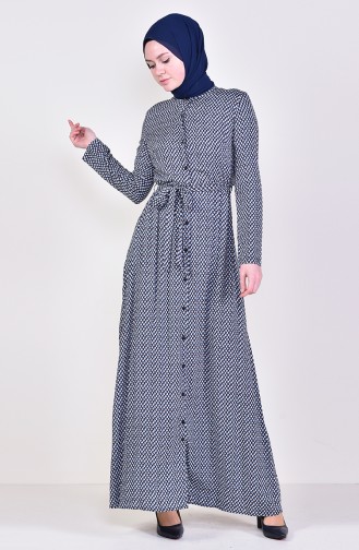 Desenli Kuşaklı Elbise 60012-01 Lacivert