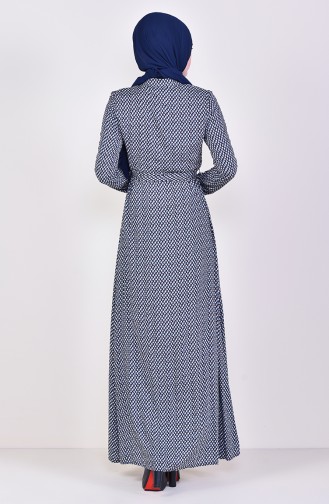 Patterned Belted Dress 60012-01 Navy 60012-01